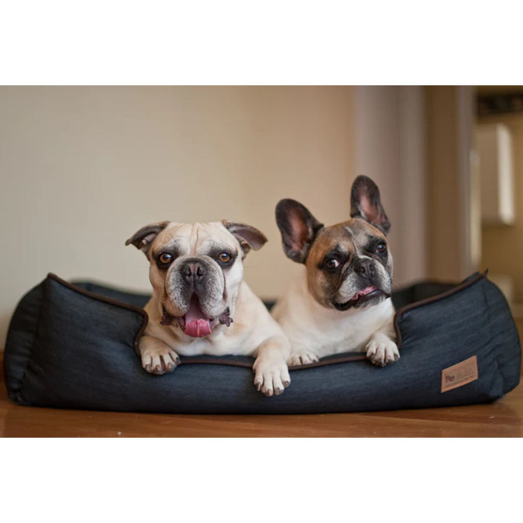Two dogs laying on Denim Lounge Bed