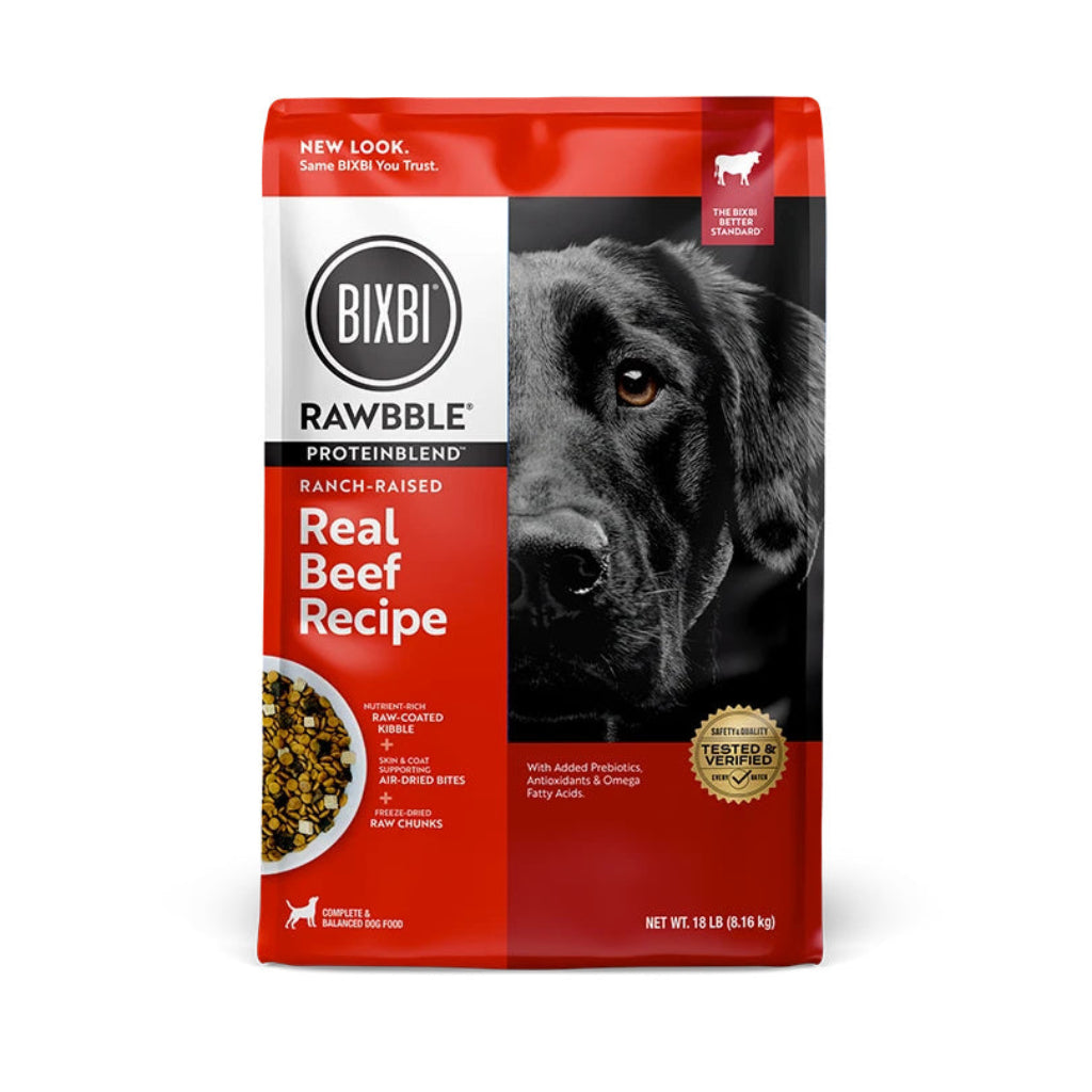 BIXBI RAWBBLE ProteinBlend Real Beef Recipe dry dog food in a red and white 18 lb bag