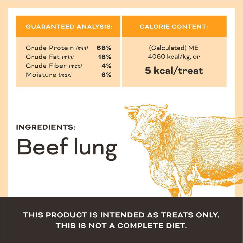 Dehydrated Beef Lung Treats 1oz guaranteed analysis and single ingredient.