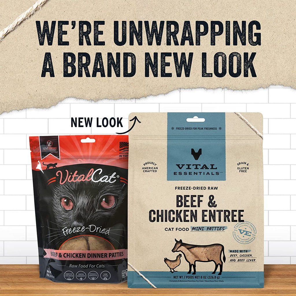 New look for vital essentials Beef & Chicken Dinner Patties Freeze-Dried for Cats 