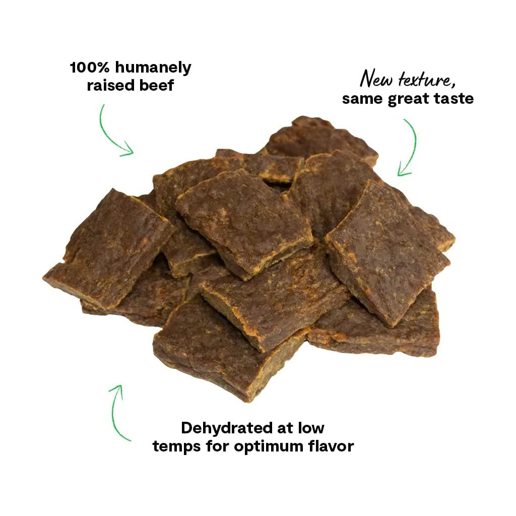 Dehydrated Beef Treats 4.5oz texture of treats. Dehydrated at low temperatures.