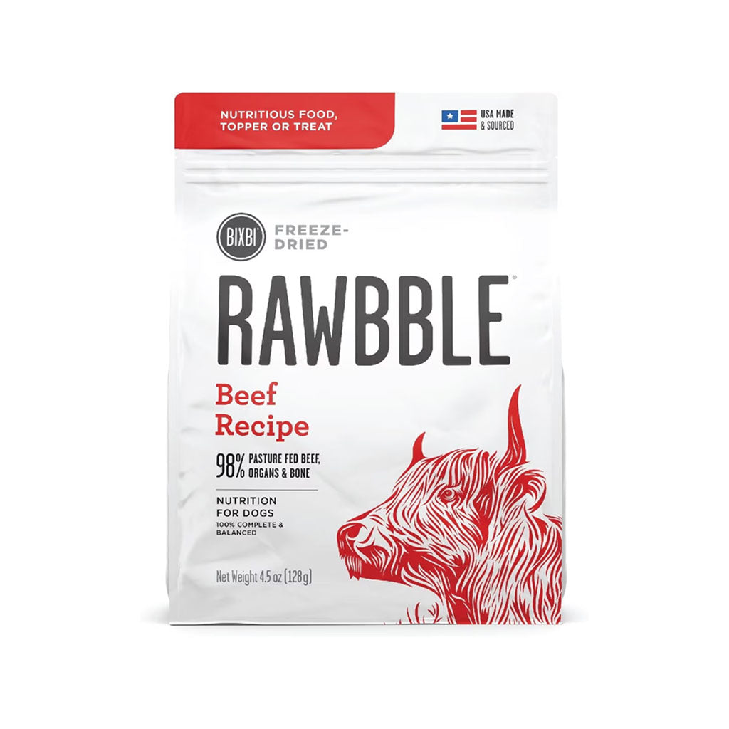 Front of a 4.5 oz bag of BIXBI RAWBBLE Beef Recipe freeze-dried dog food, with red lettering and a cattle illustration.
