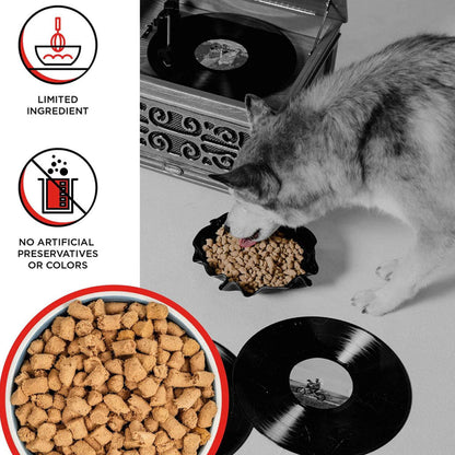 Husky eating BIXBI RAWBBLE Beef Recipe from a bowl, with a close-up of freeze-dried pieces and limited-ingredient and no artificial preservatives or colors callouts.
