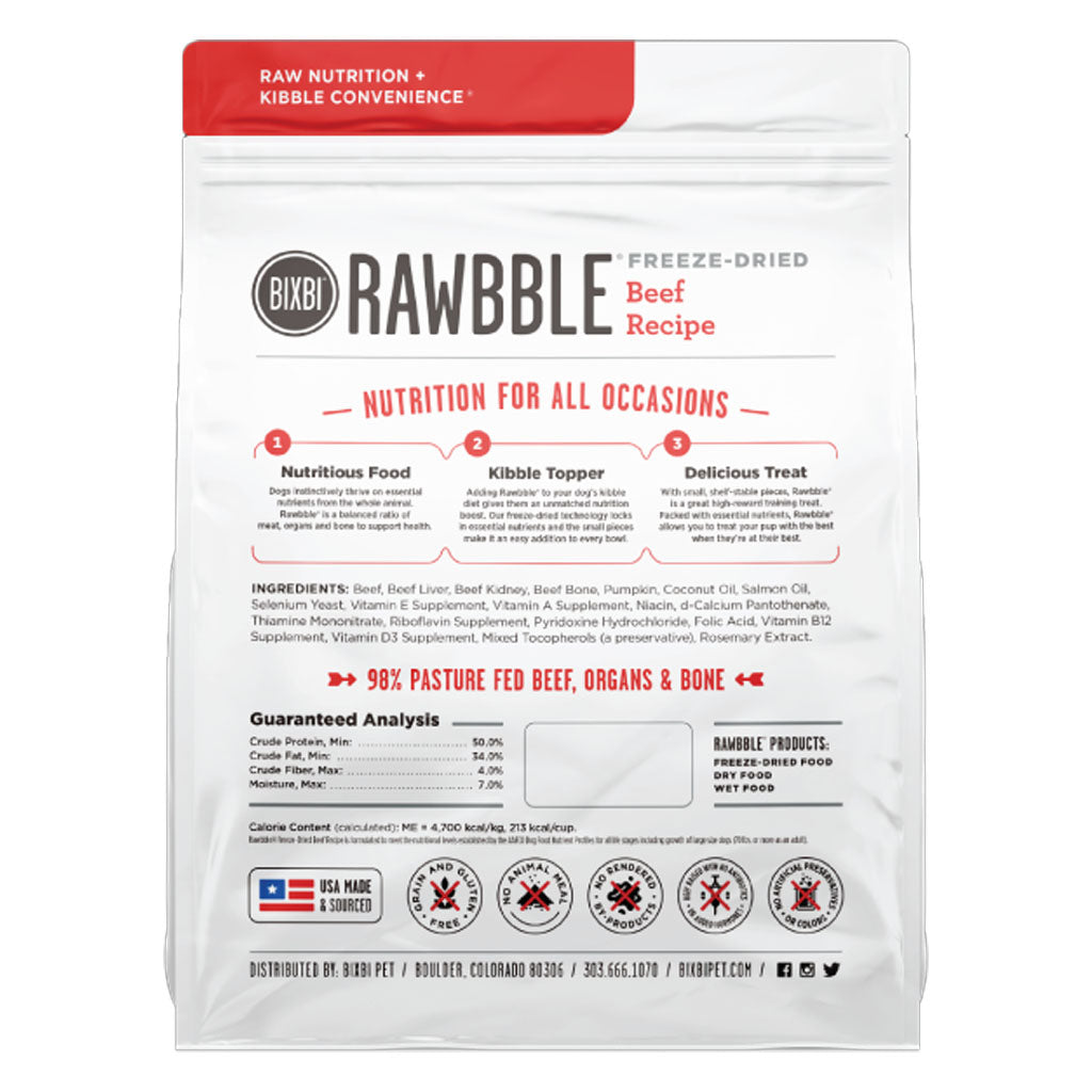 Back of BIXBI RAWBBLE Beef Recipe freeze-dried dog food bag, showing ingredients, guaranteed analysis, and food, topper, and treat uses.