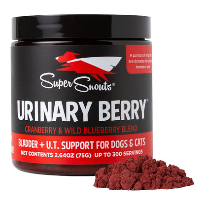 Super Snouts Urinary Berry cranberry and wild blueberry supplement jar beside a mound of dark red powder, on white.
