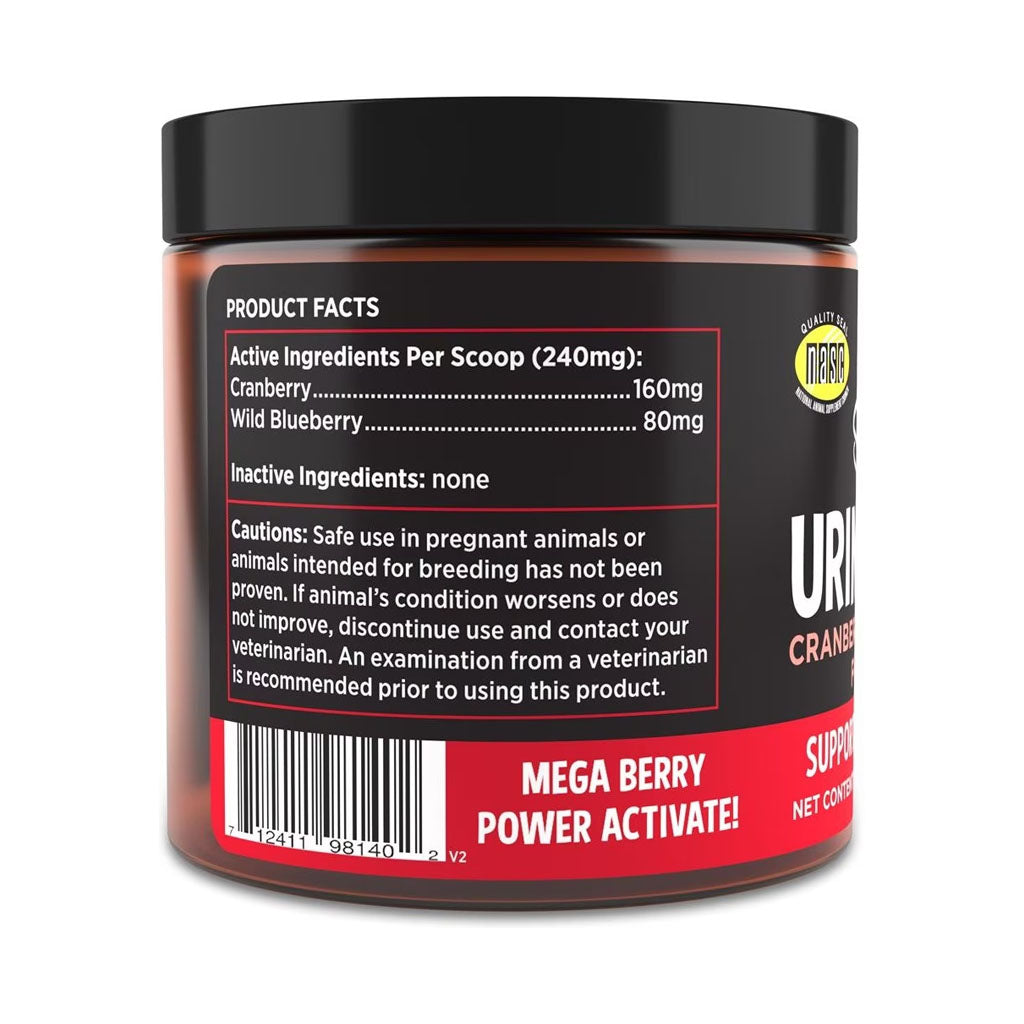Side of the Super Snouts Urinary Berry jar showing cranberry and wild blueberry product facts, cautions and barcode.
