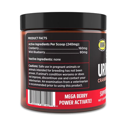 Side of the Super Snouts Urinary Berry jar showing cranberry and wild blueberry product facts, cautions and barcode.