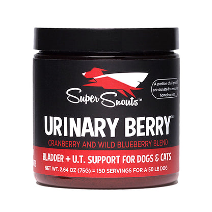 Black Super Snouts Urinary Berry 2.64 oz jar with a red cranberry and wild blueberry label for dogs and cats, on white.