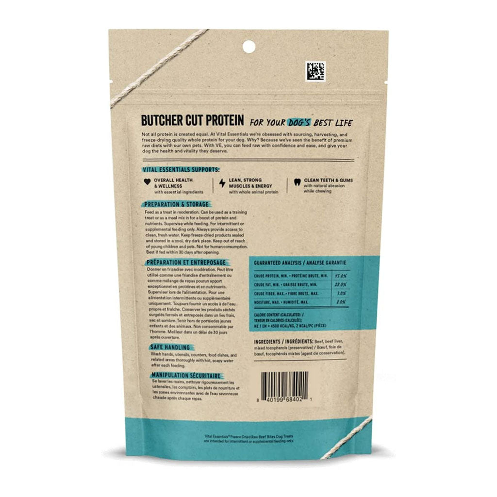 Freeze-dried Beef Bites Treats for Dogs back of bag. 