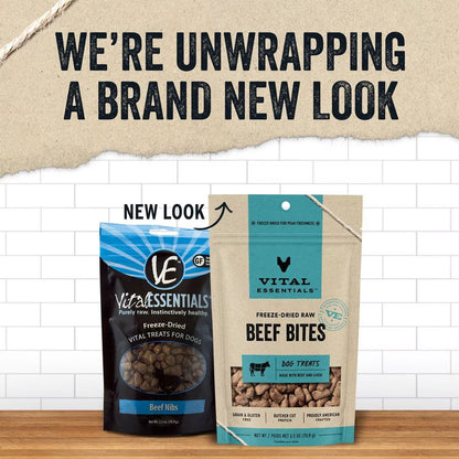 Freeze-dried Beef Bites Treats for Dogs brand new look.
