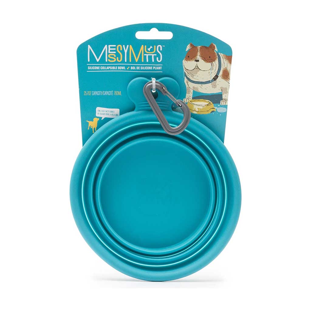 Small blue Messy Mutts collapsible bowl and gray carabiner on a turquoise retail card.