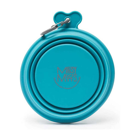 Blue Messy Mutts silicone travel bowl folded flat, showing its logo and attached gray carabiner.