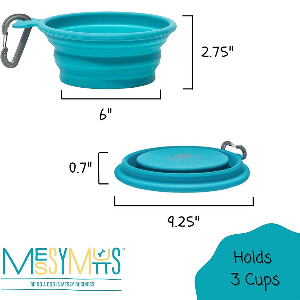 Blue 3-cup Messy Mutts travel bowl diagram showing expanded and folded forms with measurement labels.