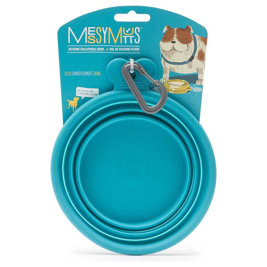 Blue Messy Mutts collapsible silicone bowl with a gray carabiner on turquoise retail packaging.