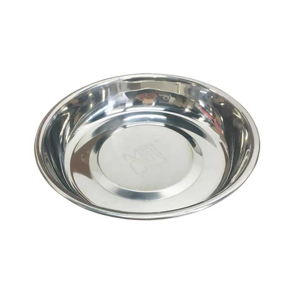 Messy Cats 1.75-cup stainless steel cat saucer with a shallow, polished interior and low sides.