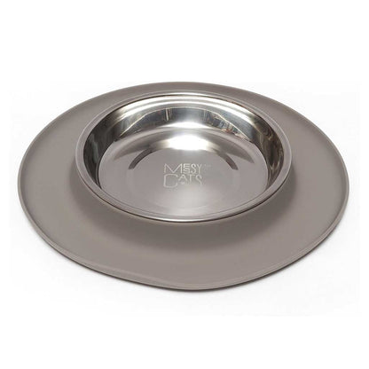 Messy Cats stainless steel saucer nestled in a gray silicone feeder base with a wide raised rim.