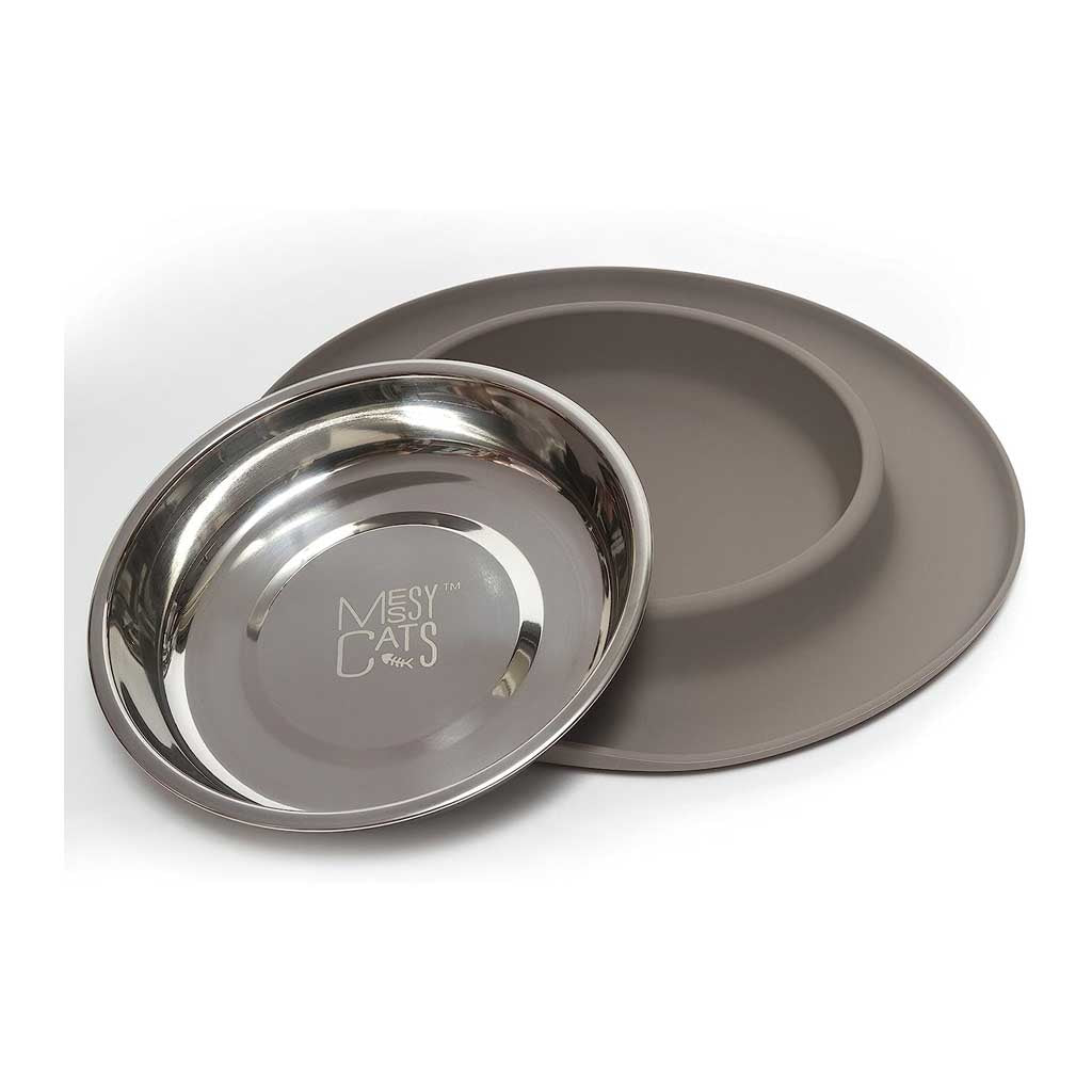 Removable Messy Cats stainless steel saucer leaning beside its gray silicone feeder base.