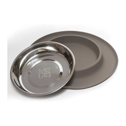 Removable Messy Cats stainless steel saucer leaning beside its gray silicone feeder base.