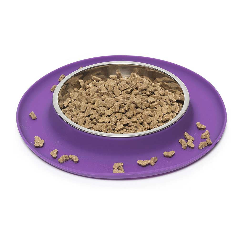 Purple Messy Cats silicone feeder with a stainless steel saucer full of kibble and spilled pieces caught on the surrounding rim.