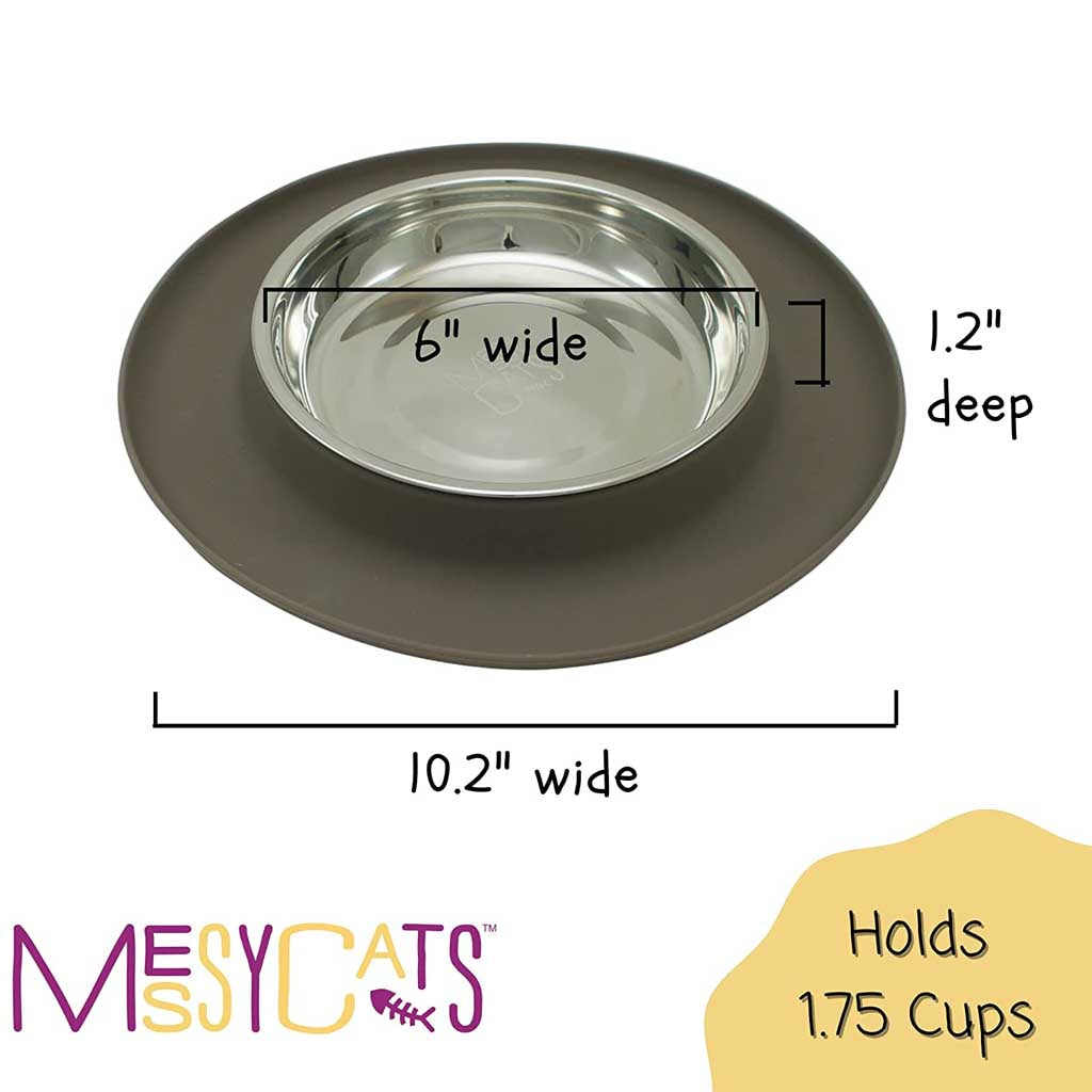 Messy Cats feeder size diagram showing a 6-inch-wide saucer, 10.2-inch-wide silicone base, and 1.75-cup capacity.