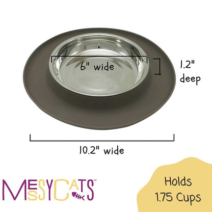 Messy Cats feeder size diagram showing a 6-inch-wide saucer, 10.2-inch-wide silicone base, and 1.75-cup capacity.