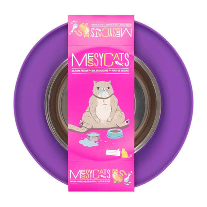 Purple Messy Cats silicone feeder and stainless steel saucer in retail packaging with a bright pink illustrated label.