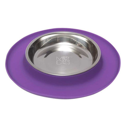 Messy Cats stainless steel saucer nestled in a purple silicone feeder base with a wide raised rim.