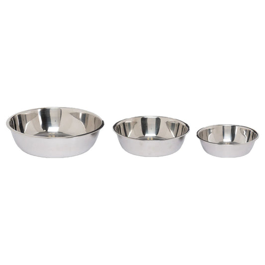 Three Messy Mutts stainless steel pet bowls arranged from largest to smallest.