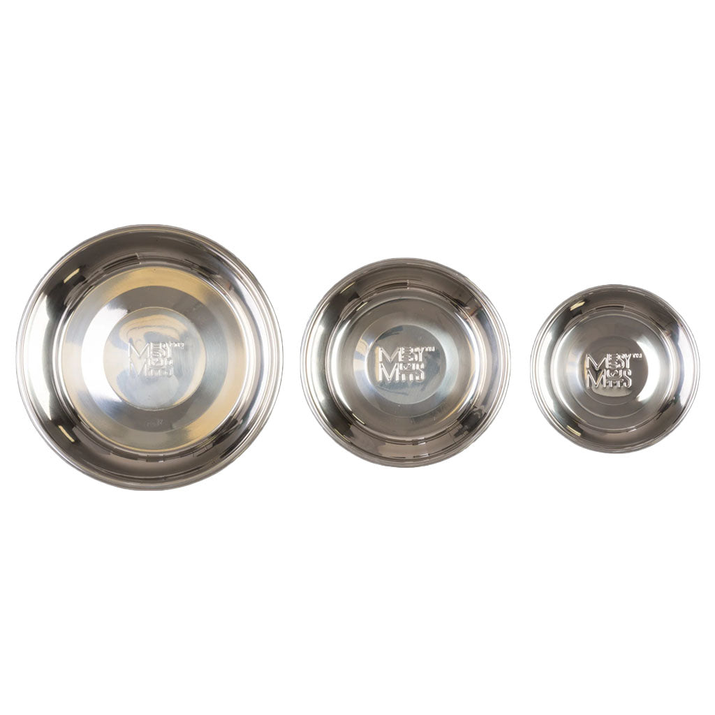 Top view of three Messy Mutts stainless steel bowls arranged from largest to smallest.