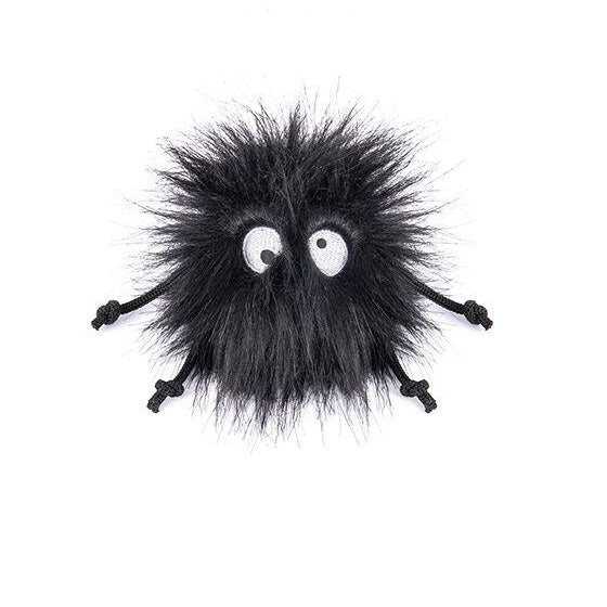 P.L.A.Y. Frisky Furball catnip toy, a black fuzzy ball with white eyes and four knotted cord legs.
