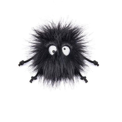 P.L.A.Y. Frisky Furball catnip toy, a black fuzzy ball with white eyes and four knotted cord legs.