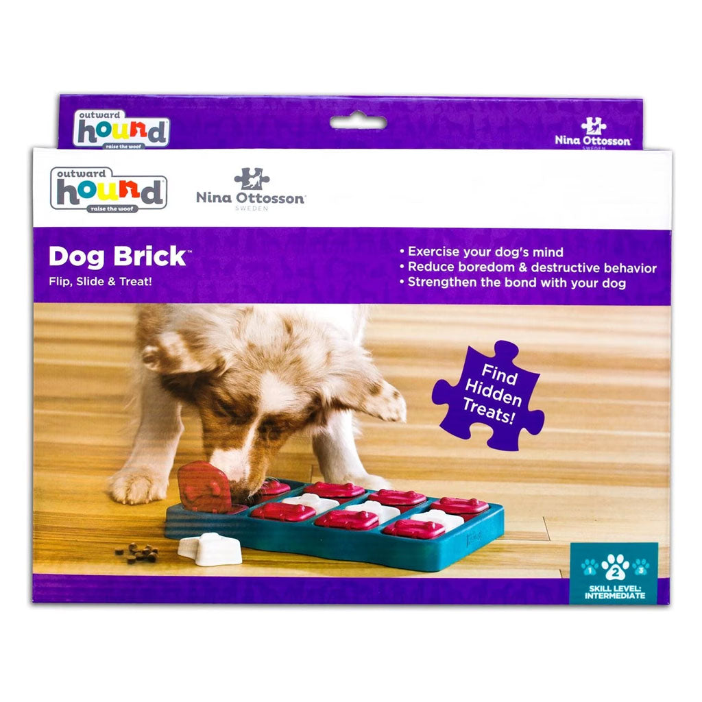 Nina Ottosson by Outward Hound Dog Brick packaging showing a blue puzzle with red lids and white bone covers, labeled Level 2 intermediate.
