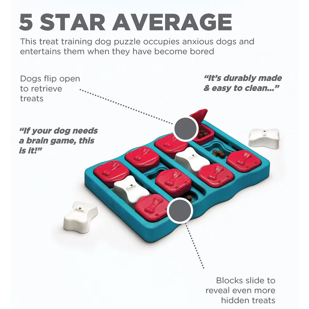 Dog Brick feature infographic showing red lids that flip open and blocks that slide to reveal hidden treats in the blue puzzle base.