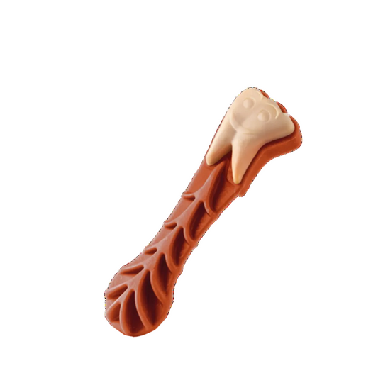 A dog chew toy shaped like a long brown bone with a cream-colored tooth tip, shown on a plain white background.