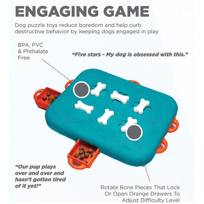 Dog Casino feature infographic showing rotating white bone locks, orange treat drawers, adjustable difficulty, and materials free of BPA, PVC, and phthalates.