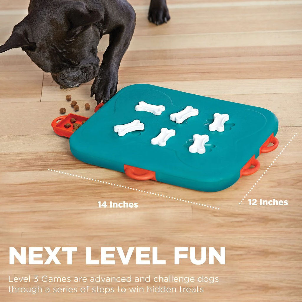Black dog exploring the turquoise Dog Casino puzzle on a wood floor; size guide shows 14 by 12 inches and Level 3 advanced difficulty.