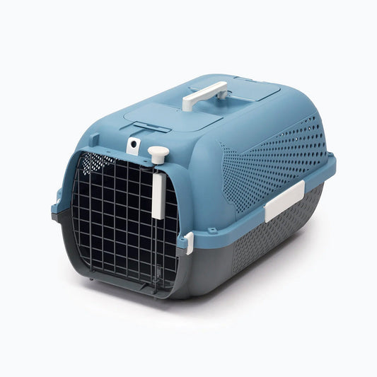 Medium Catit hard-sided cat carrier with a blue top, dark gray base, wire front door, ventilation holes, and white carrying handle.