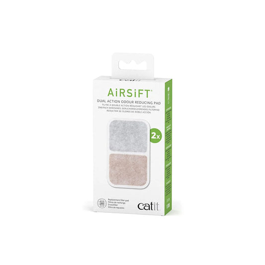 White and green Catit Airsift Dual Action Odor Reducing Pad package containing two replacement litter box filter pads.