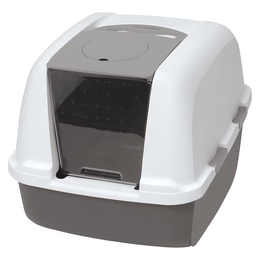 Catit hooded litter pan with a white cover, gray base, translucent swinging door, and gray top access panel.