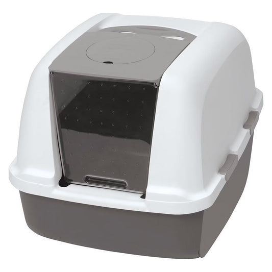 Catit hooded litter pan with a white cover, gray base, translucent swinging door, and gray top access panel.