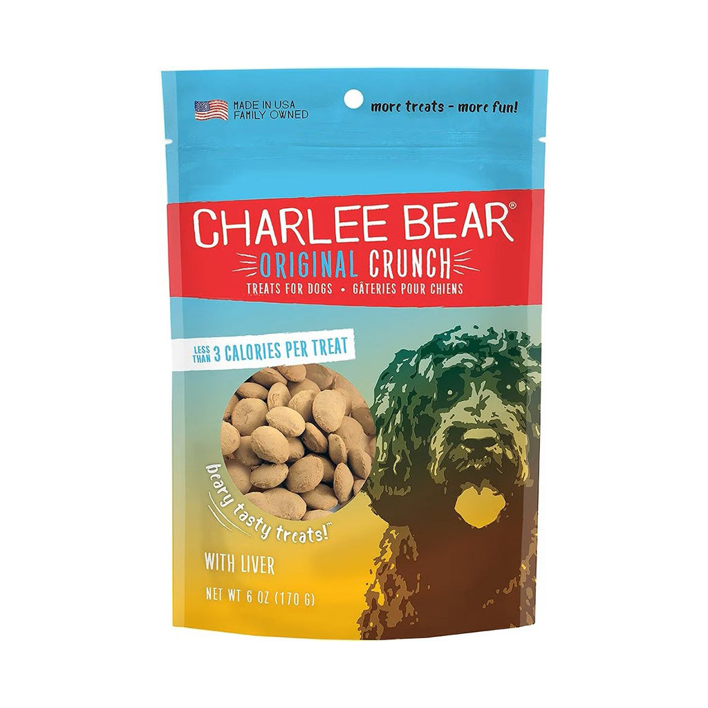 Front of a 6 oz Charlee Bear Original Crunch with Liver dog treat bag with a blue top, red label, dog illustration, and visible round treats.