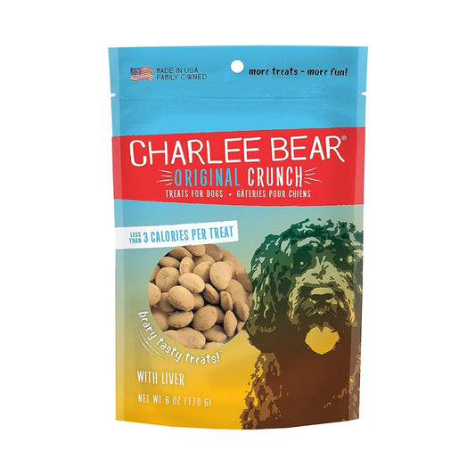 Front of a 6 oz Charlee Bear Original Crunch with Liver dog treat bag with a blue top, red label, dog illustration, and visible round treats.