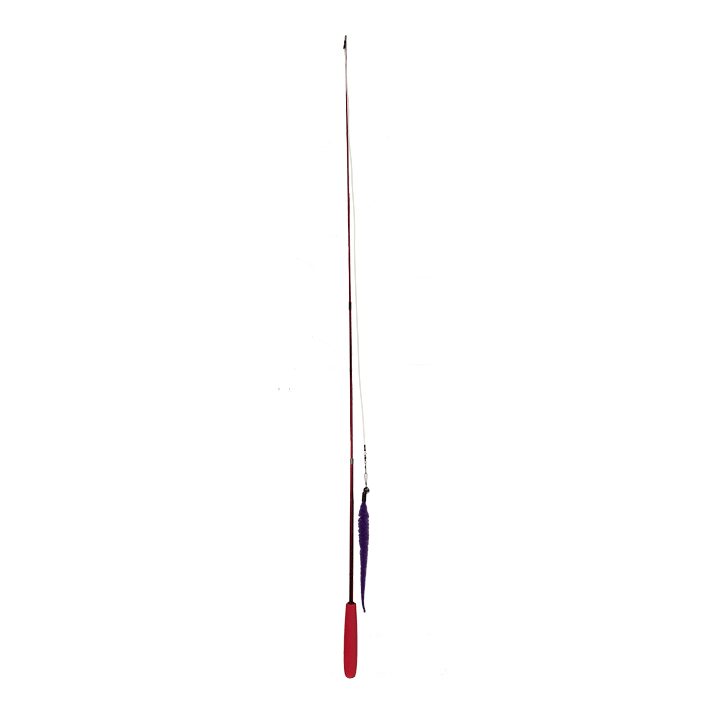Full-length Dezi & Roo Wiggly Wand cat toy with a red handle and purple lure hanging beside the wand.