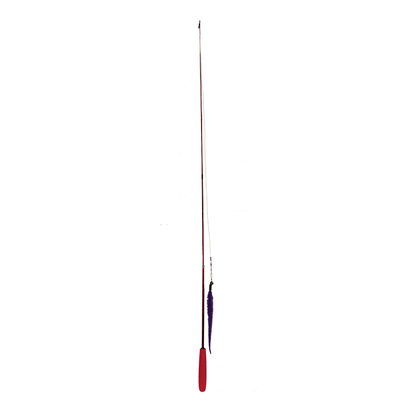 Full-length Dezi & Roo Wiggly Wand cat toy with a red handle and purple lure hanging beside the wand.