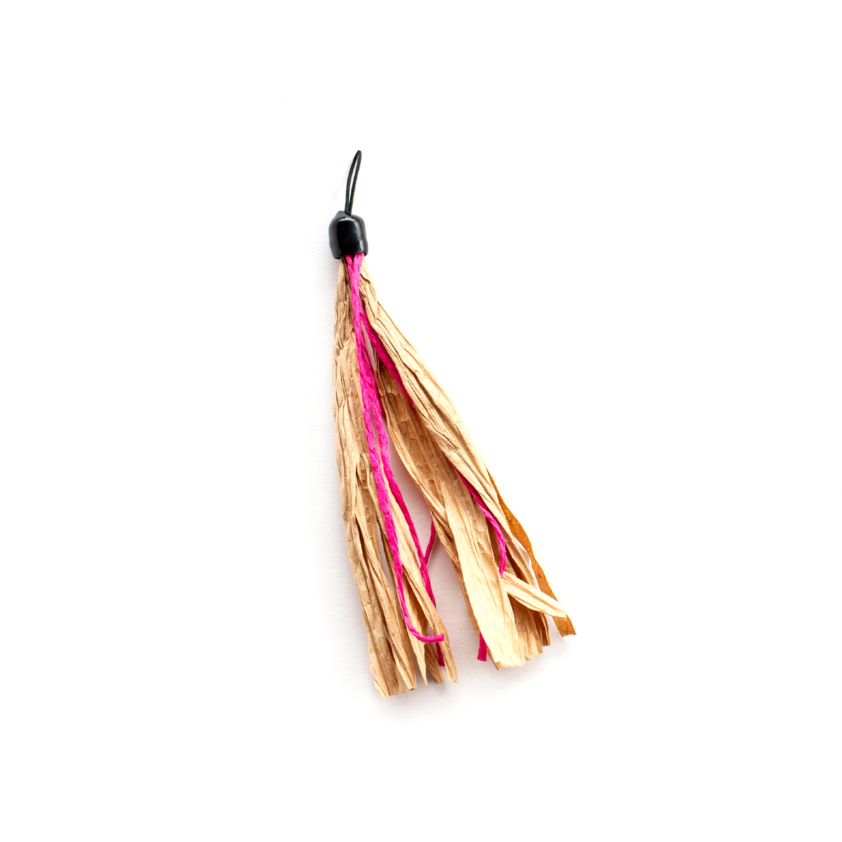 Dezi & Roo Cuttlefish cat wand attachment with tan paper streamers, pink strands, and a black attachment loop.