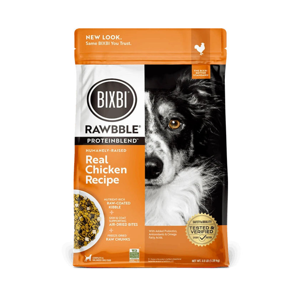 BIXBI RAWBBLE ProteinBlend Real Chicken Recipe dry dog food in an orange and white 3.5 lb bag