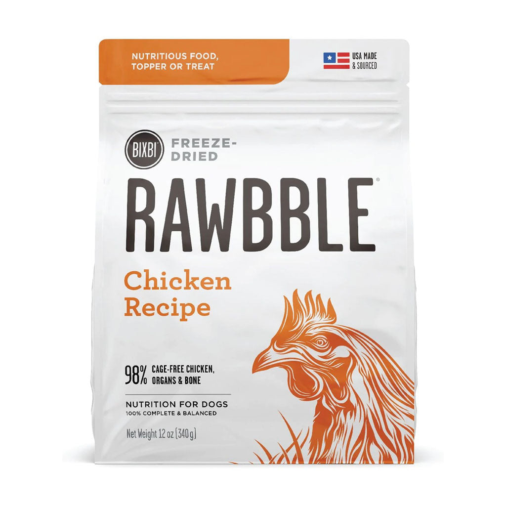 Front of a 12 oz bag of BIXBI RAWBBLE Chicken Recipe freeze-dried dog food, with orange lettering and a chicken illustration.