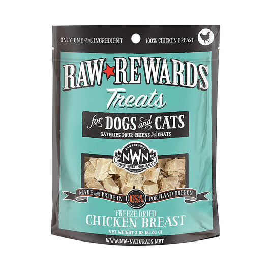 Northwest Naturals Raw Rewards freeze-dried chicken breast treats for dogs and cats, front of 3 oz bag