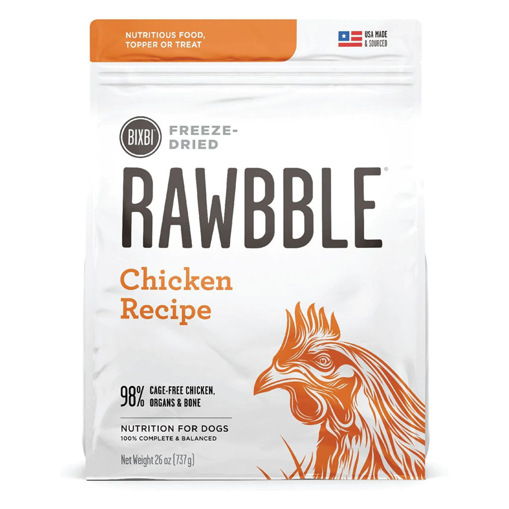 Front of a 26 oz bag of BIXBI RAWBBLE Chicken Recipe freeze-dried dog food, with orange lettering and a chicken illustration.