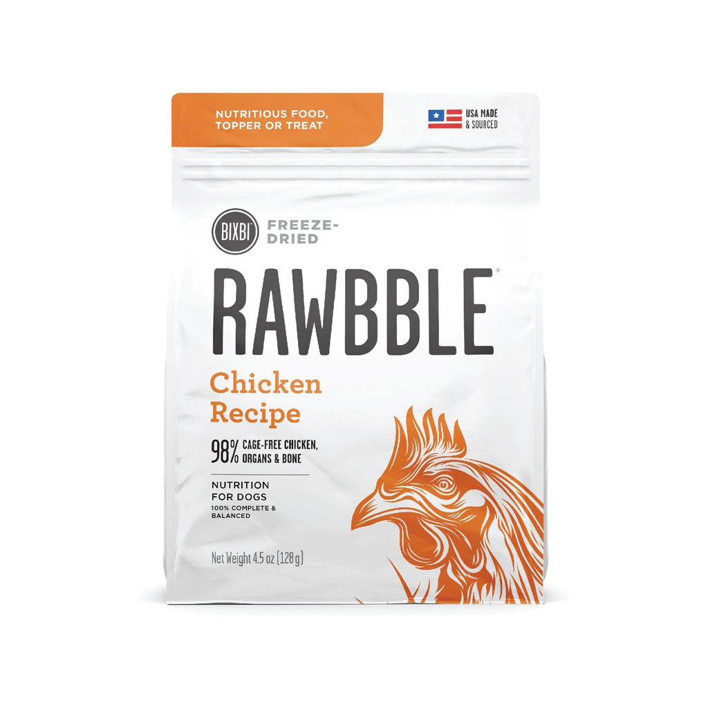 Front of a 4.5 oz bag of BIXBI RAWBBLE Chicken Recipe freeze-dried dog food, with orange lettering and a chicken illustration.